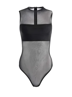 Alice and Olivia Nichol High Neck Sleeveless Mesh Bodysuit-Women Tops