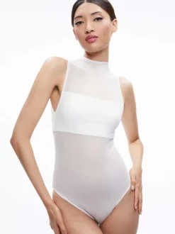 Alice and Olivia Nichol High Neck Sleeveless Mesh Bodysuit-Women Tops