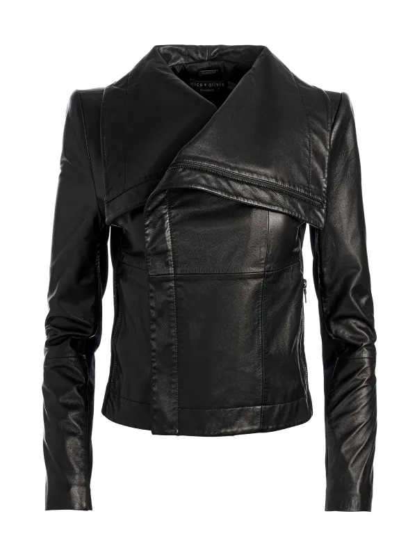 Alice and Olivia Nita Leather Drape Front Jacket-Women Jackets + Coats