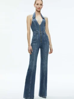 Alice and Olivia Noemi Halter Neck Denim Jumpsuit-Women Jumpsuits