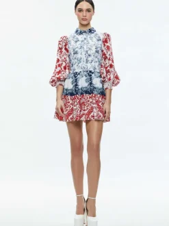 Alice and Olivia Paulie Tiered Blouson Sleeve Mini Dress-Women Dresses