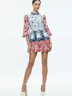 Alice and Olivia Paulie Tiered Blouson Sleeve Mini Dress-Women Dresses