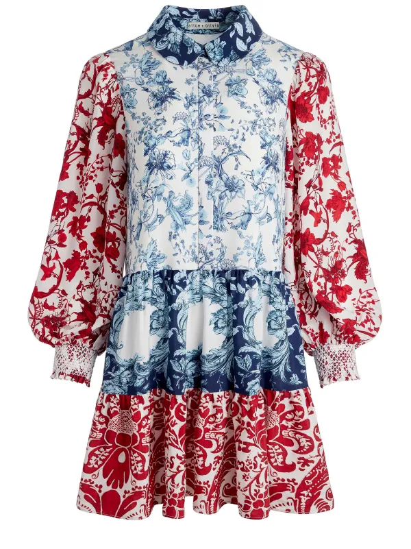 Alice and Olivia Paulie Tiered Blouson Sleeve Mini Dress-Women Dresses
