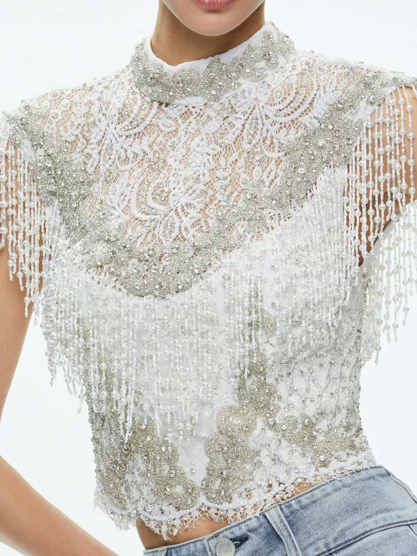 Alice and Olivia Pria Embellished Mock Neck Fringe Top-Women Tops