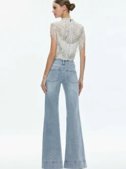 Alice and Olivia Pria Embellished Mock Neck Fringe Top-Women Tops
