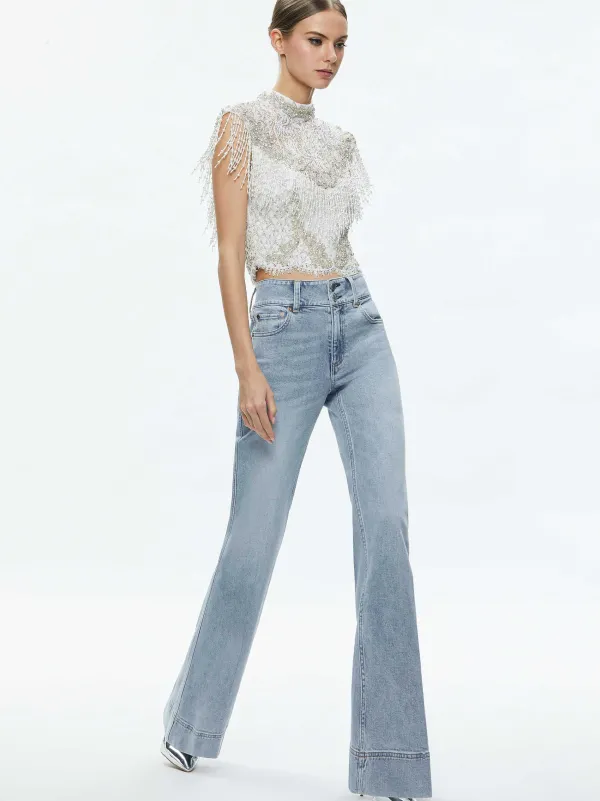 Alice and Olivia Pria Embellished Mock Neck Fringe Top-Women Tops