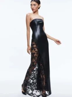 Alice and Olivia Retha Vegan Leather Lace Maxi Dress-Women Dresses