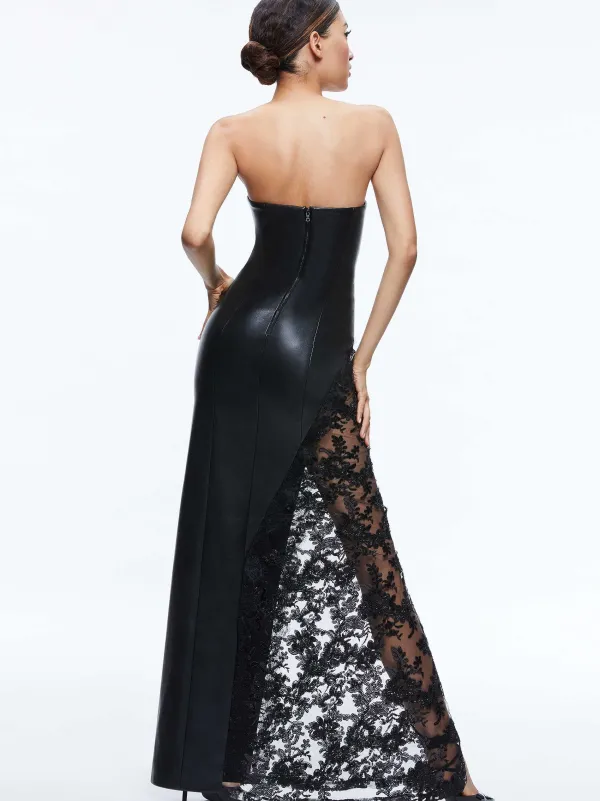 Alice and Olivia Retha Vegan Leather Lace Maxi Dress-Women Dresses