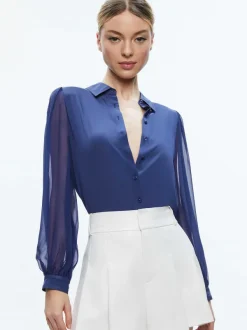 Alice and Olivia Roanne Blouson Sleeve Button Down-Women Tops