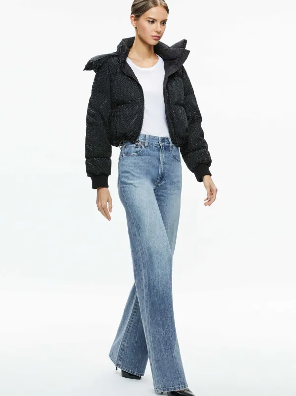 Alice and Olivia Robena Crystal Embellished Cropped Puffer-Women Jackets + Coats