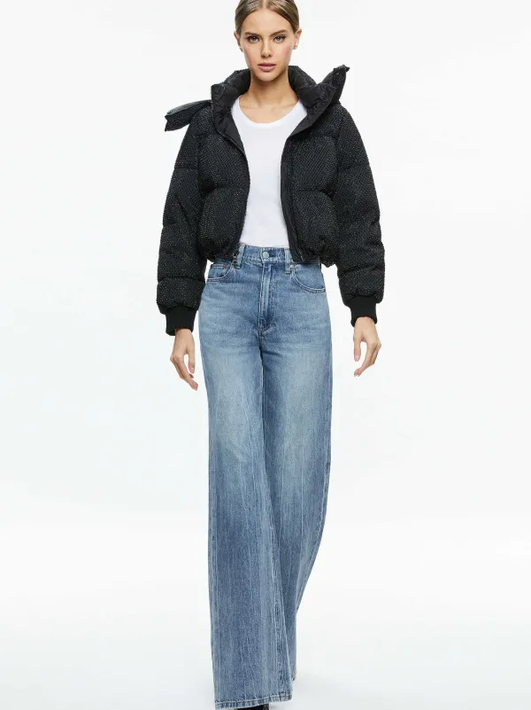 Alice and Olivia Robena Crystal Embellished Cropped Puffer-Women Jackets + Coats