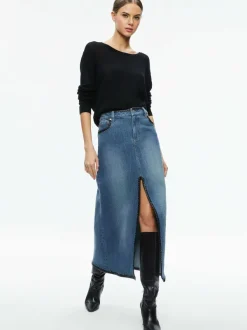 Alice and Olivia Rye Denim Maxi Skirt With Vegan Leather-Women Skirts