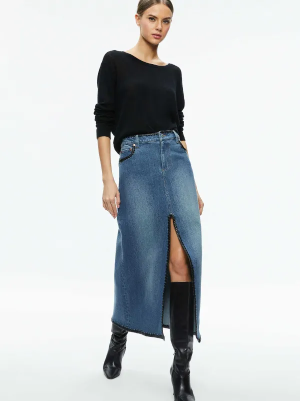 Alice and Olivia Rye Denim Maxi Skirt With Vegan Leather-Women Skirts