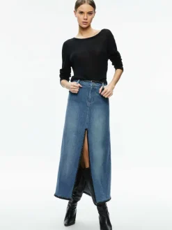 Alice and Olivia Rye Denim Maxi Skirt With Vegan Leather-Women Skirts