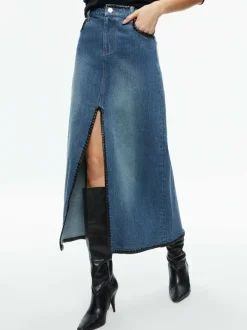 Alice and Olivia Rye Denim Maxi Skirt With Vegan Leather-Women Skirts