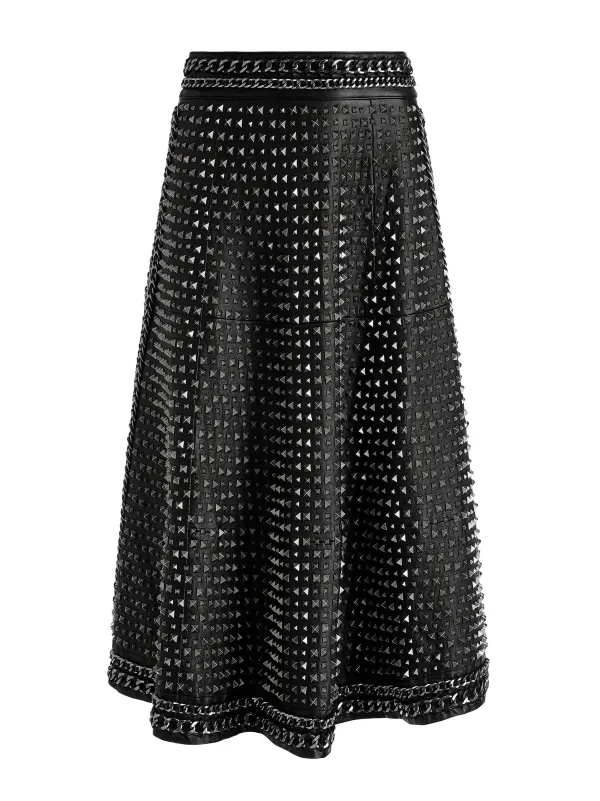Alice and Olivia Sosie Studded Leather Midi Skirt-Women Skirts
