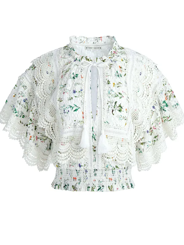 Alice and Olivia Tabitha Lace Button Front Cropped Blouse-Women Tops