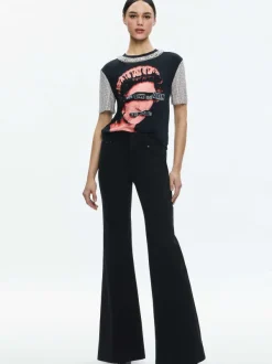 Alice and Olivia Tari Embellished Crystal Sleeve Tee-Women Tops