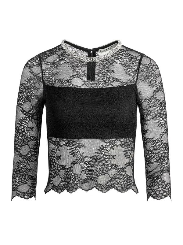 Alice and Olivia Vanita Embellished Neck Lace Crop Top-Women Tops