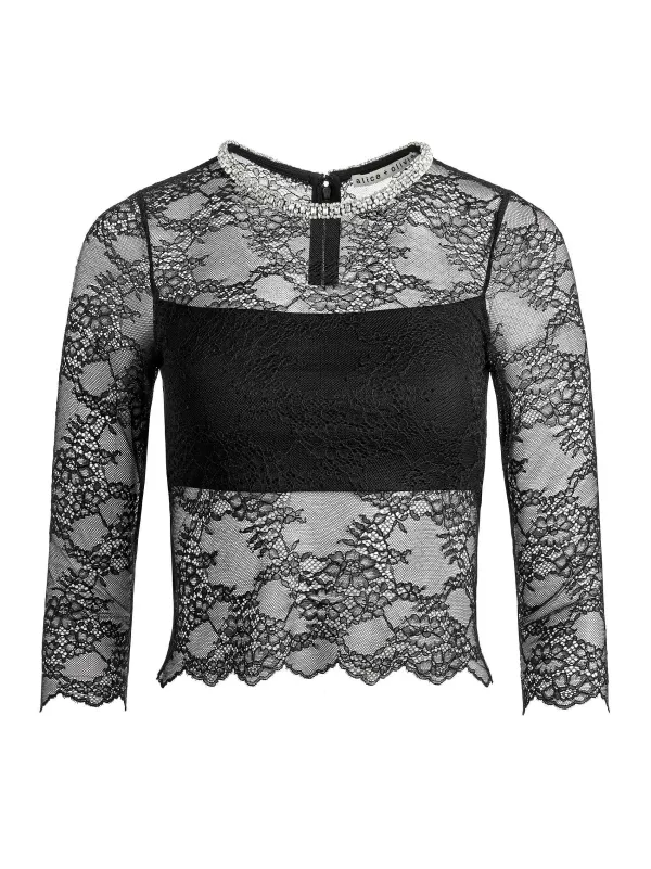 Alice and Olivia Vanita Embellished Neck Lace Crop Top + Iyanna Lace Maxi Skirt-Women Matching Sets
