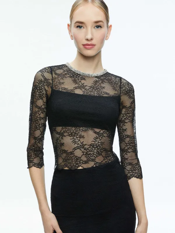 Alice and Olivia Vanita Embellished Neck Lace Crop Top + Iyanna Lace Maxi Skirt-Women Matching Sets