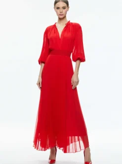 Alice and Olivia Vernia Blouson Sleeve Pleated Maxi Dress-Women Dresses