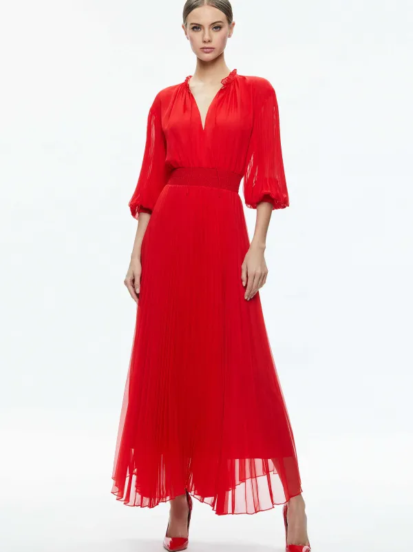 Alice and Olivia Vernia Blouson Sleeve Pleated Maxi Dress-Women Dresses