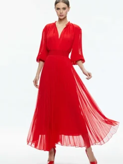 Alice and Olivia Vernia Blouson Sleeve Pleated Maxi Dress-Women Dresses