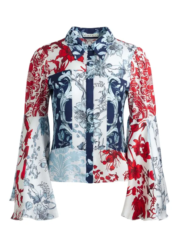 Alice and Olivia Willa Fitted Placket Bell Sleeve Top-Women Tops