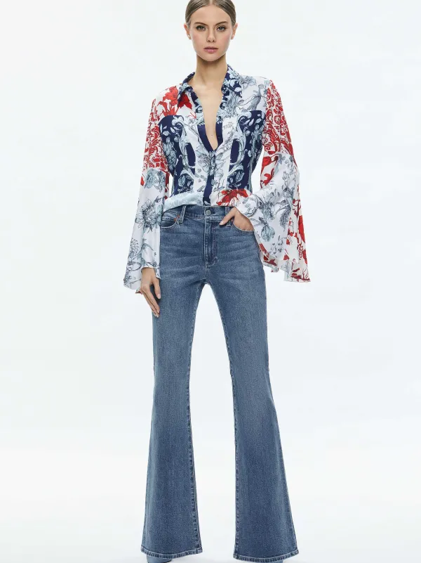 Alice and Olivia Willa Fitted Placket Bell Sleeve Top-Women Tops