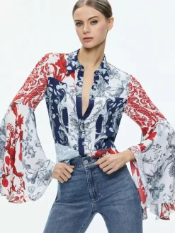 Alice and Olivia Willa Fitted Placket Bell Sleeve Top-Women Tops