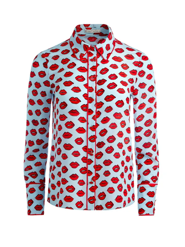 Alice and Olivia Willa Placket Top With Piping-Women Tops