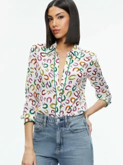 Alice and Olivia Willa Placket Top With Piping-Women Tops