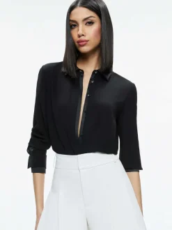 Alice and Olivia Willa Relaxed Placket Top With Piping Detail-Women Tops