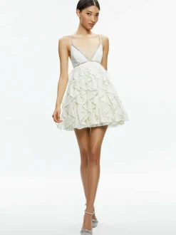 Alice and Olivia Wilmarie Embellished Lace Ruffle Mini Gown-Women Dresses
