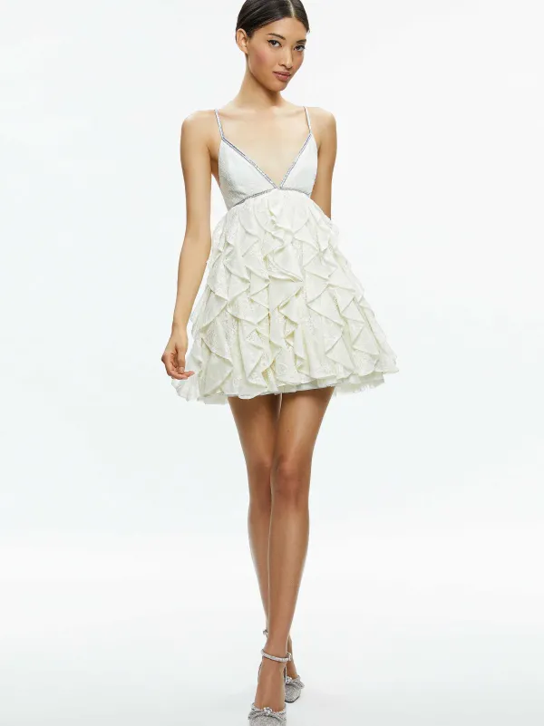 Alice and Olivia Wilmarie Embellished Lace Ruffle Mini Gown-Women Dresses