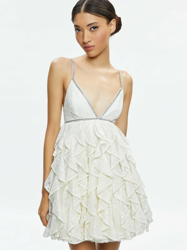 Alice and Olivia Wilmarie Embellished Lace Ruffle Mini Gown-Women Dresses