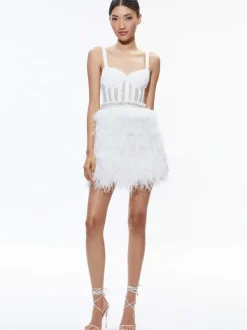 Alice and Olivia Xia Sheer Bustier Feathered Mini Dress-Women Dresses