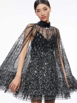 Alice and Olivia Zenon Sequin Cape Mini Dress-Women Dresses